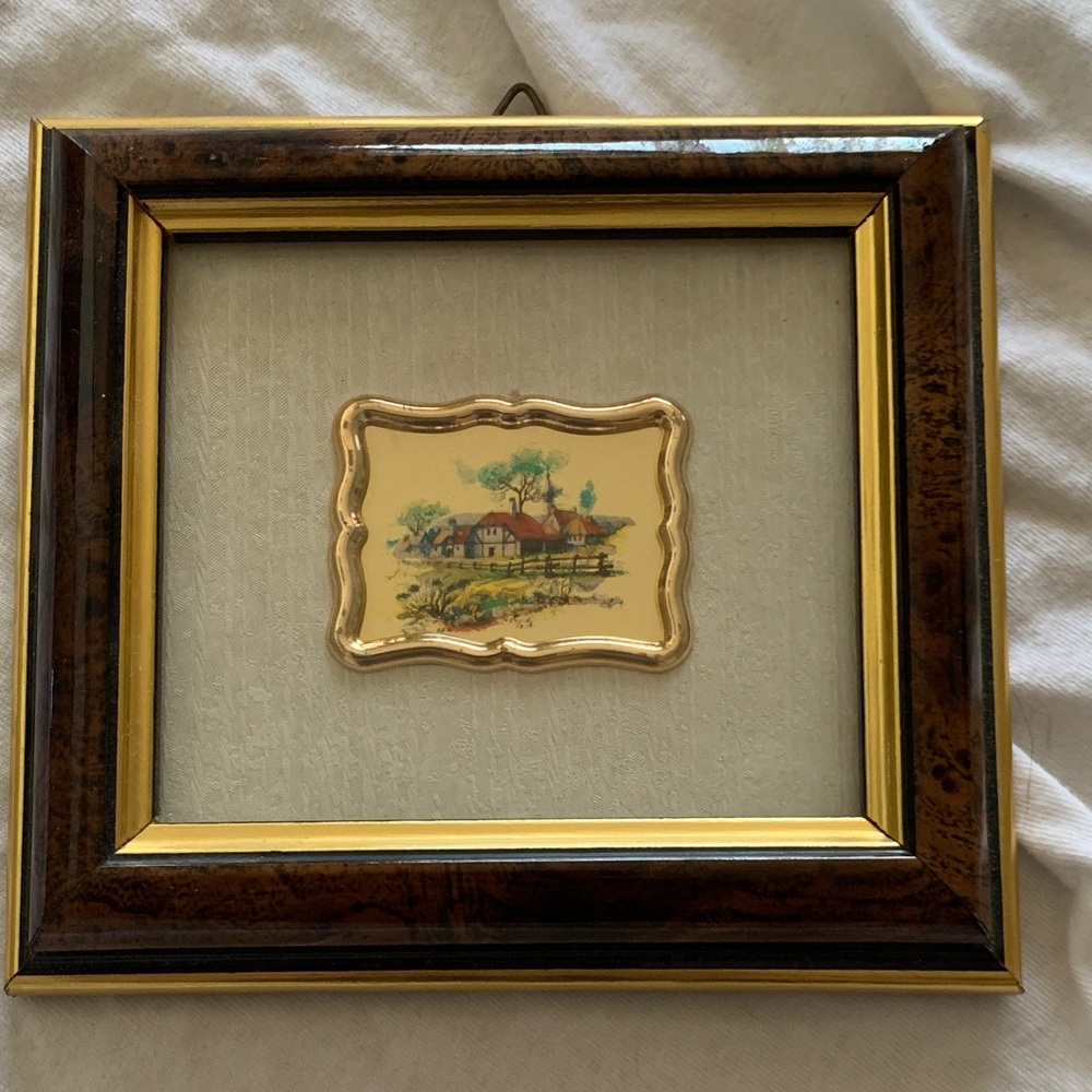 Vintage Framed Vintage-Style Gold and Brown Wall Accent with Scenic Insert